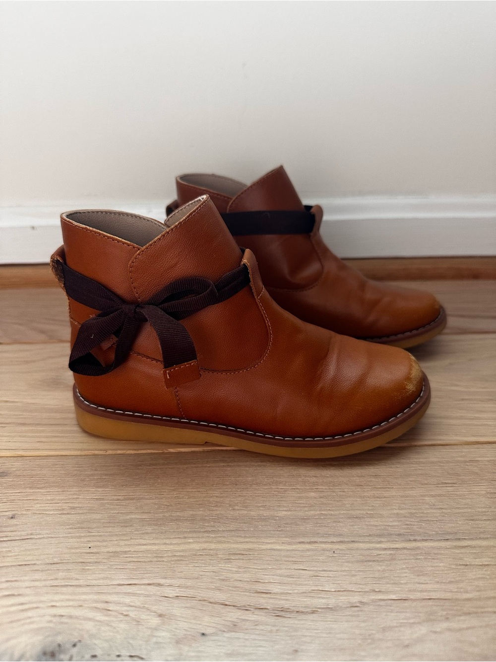 Elephantito Girls Leather Ankle Boots with Ribbon Bow Brown size 12